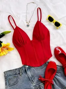 Women's Summer Fashion Vintage Sexy V-Neck off Shoulder Knitted Tank Top, Perfect for Dates, Stylish and Comfortable