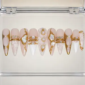 Handmade Vintage Lace Press On Nails | Luxury 3D Gold Chrome & Pearl Jewelry | Elegant Mother of Pearl Bridal Stiletto Fake Nails