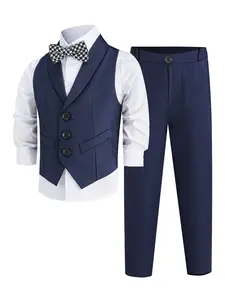 Boys' Preppy Style 4‑Piece Formal Suit (Shirt + Vest + Trousers + Bow Tie) with Minimalist Premium Cut Available in Fresh Pink Blue Navy and Black Perfect for Primary School Graduation Photos and Campus Events Set Kit