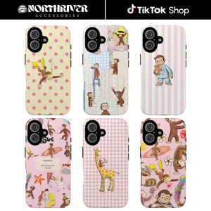 Cute Cartoon Monkey Tough Phone Case, Curious George Aesthetic Pink Protective Cover, Fun Animal Pattern Phone Shell for Girls & Kids, Gift Idea