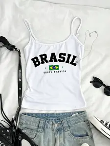 Brasil Flag Cami Top | Y2K Brazil South America Graphic Crop Tank | Adjustable Straps Summer Vacation Essential | TikTok Viral Coastal & Soccer Aesthetic Outfit for Women