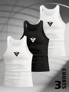 Men's 3-piece ribbed sports vest, Sport vests, triangle logo pattern silk screen printed clothing, U-neck slim fit to highlight muscles, multi-color set for gym exercise, daily layering, durable contrasting print for fitness enthusia