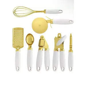 White & Gold Kitchen Tools and Gadgets - Luxe 7PC Cooking Tools and Gadgets with Anti-Slip Handles, Gold Utensils Set, Gold Kitchen Accessories,Premium Kitchen Gadget Set