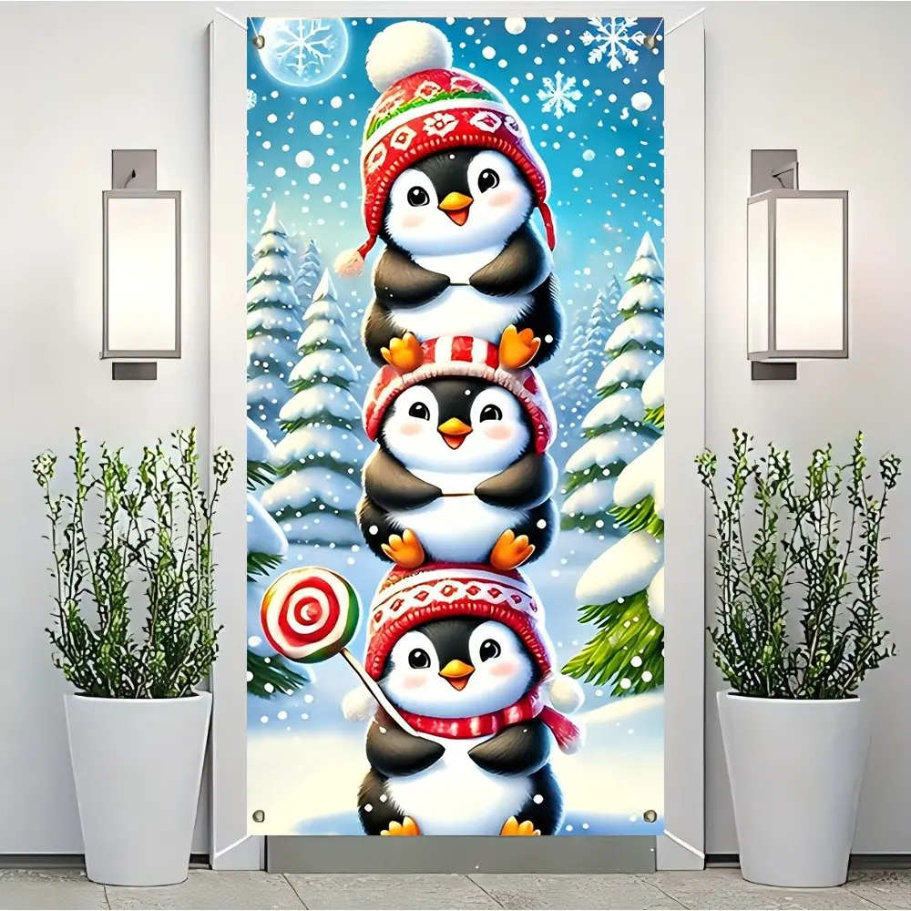 1pc Christmas party banner, made of polyester material, with a background picture of a Christmas penguin, suitable for indoor and outdoor decoration, festival decoration, Christmas party decoration, and front door decoration