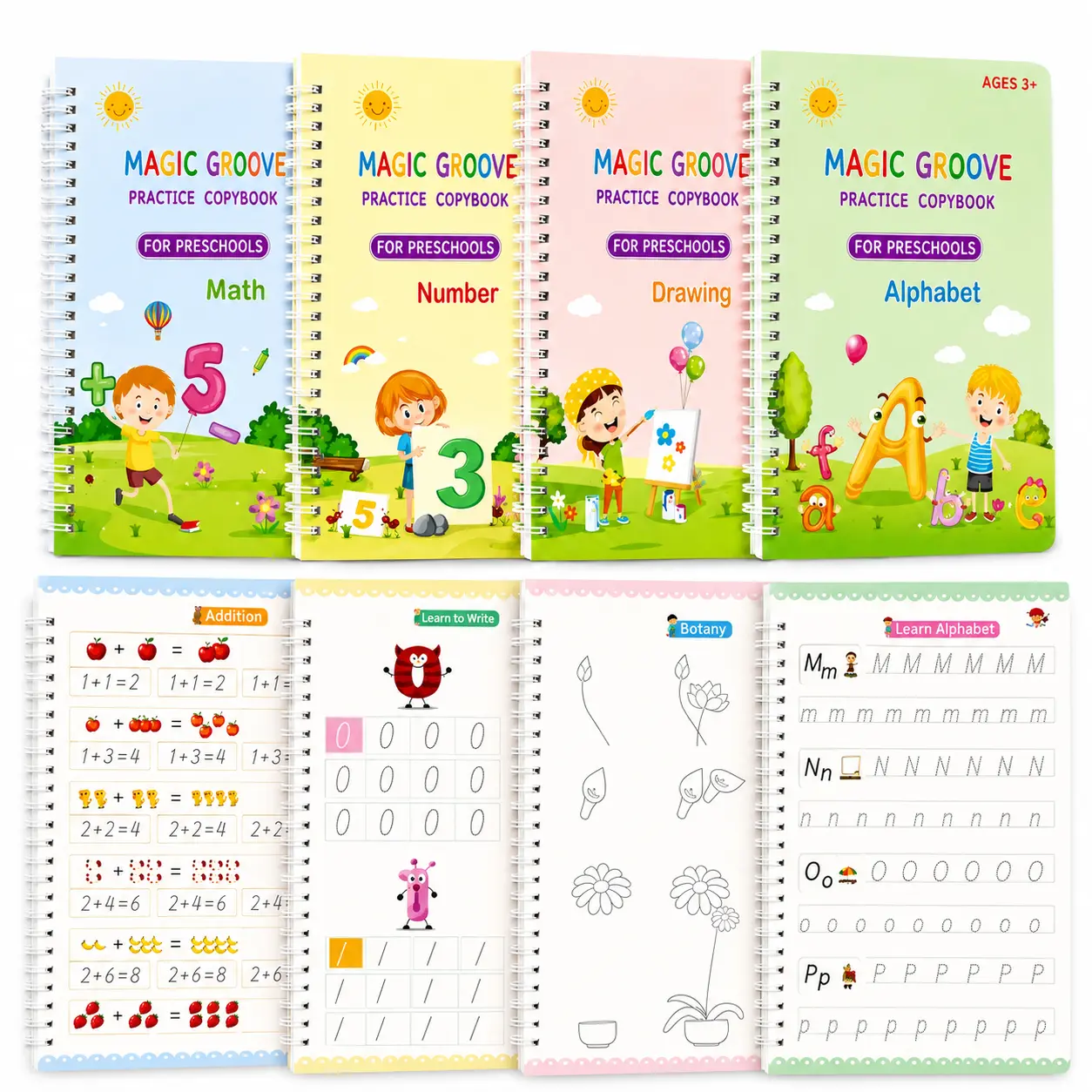 4PCS Reusable Colorful Magic Grooved Handwriting Practice Workbooks for 3-7 Year-Old Kids, Preschool Tracing & Calligraphy Kit with Tracing Tools, Alphabet Learning Chart & Pen Set for Toddler Learning Activities, Story Time & Bedtime Stories