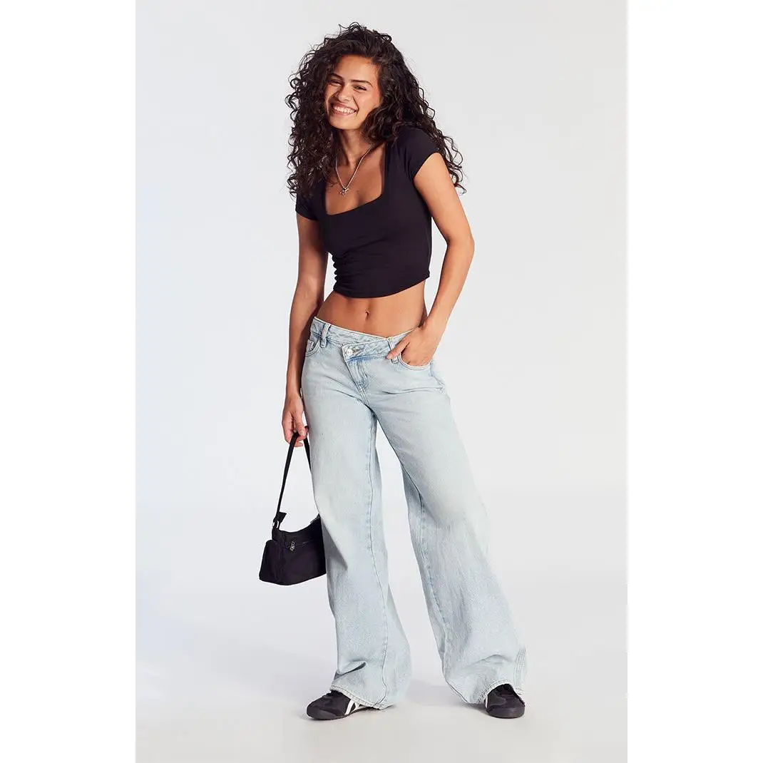 Pacsun Women's Casey Low Rise Baggy Jeans Asymmetrical Light Indigo