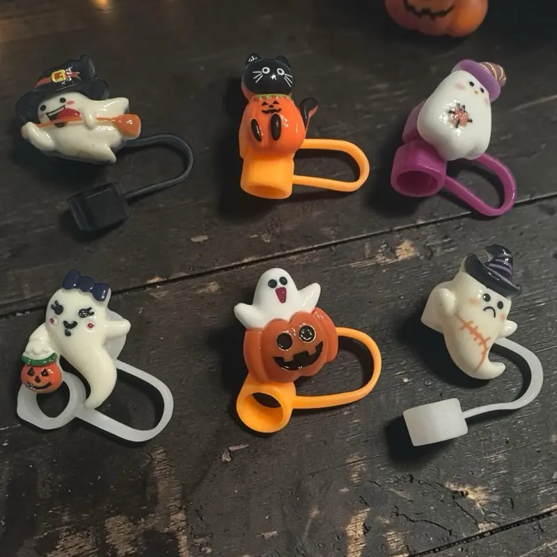 Halloween-themed Ghost and Pumpkin Straw Toppers 30 & 40 oz.   6 Pack  for Halloween