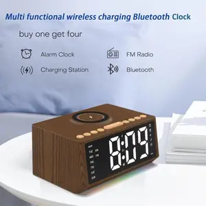 10W Wireless Charger LED Alarm Clock with FM Radio Bluetooth Speaker Fast Charging Multi Functional Wood Design