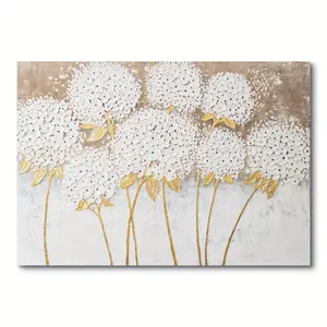 Hand-painted white hydrangea canvas wall art, 101.6x 71.12cm - Framed 3D textured oil painting, suitable for living room, neutral landscape theme