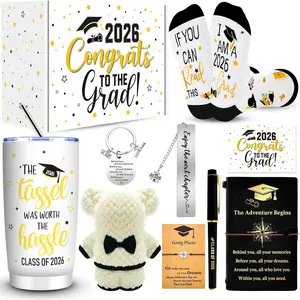 10 Pieces 2026 Graduation Gift Box Set, Class of 2026 Graduation Gift Basket with 20 Oz, Socks, Bear, Journal Notebook, Pen, Bookmark, Bracelet, Keychain for High School College Gifts