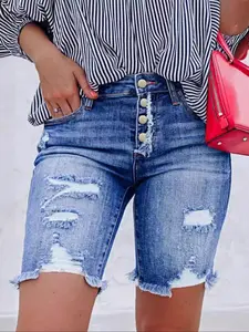 Women's Ripped Button Fly Denim Shorts, Frayed Ripped Shorts, Casual Comfy Short Jeans for Daily Wear, Ladies Bottoms for Summer