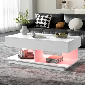 41.3x21.6x15.4 Inch Extendable MDF Coffee Table, High-Gloss Tabletop with 16-Color Bluetooth LED Light, Multi Compartment Storage Coffee Table, 77 LBS Load Capacity Tool-Free Setup Modern Accent Table for Living Room