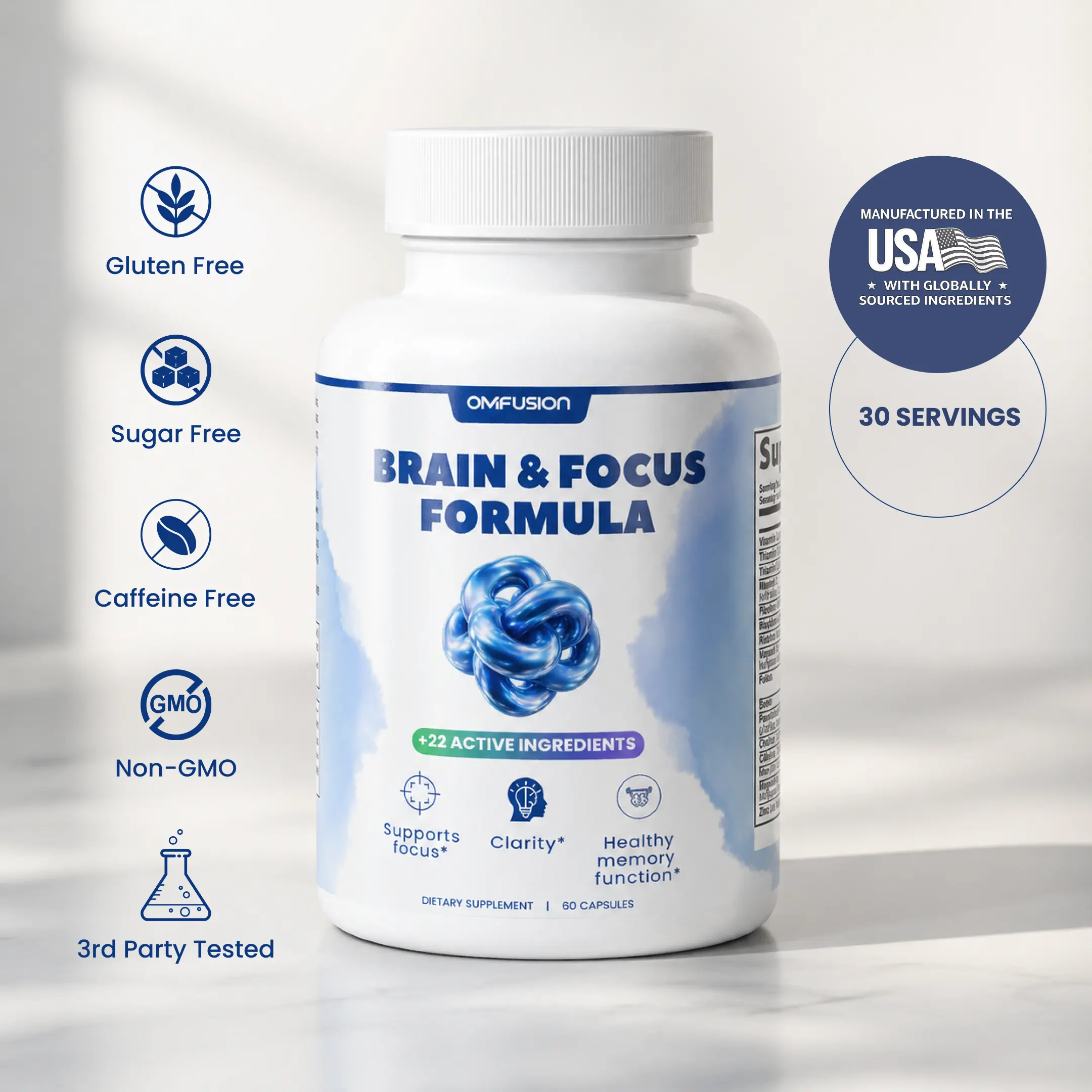 OM FUSION Brain & Focus Formula with Choline, Bacopa, DHA, Phosphatidylserine, Green Tea Extract and B Vitamins