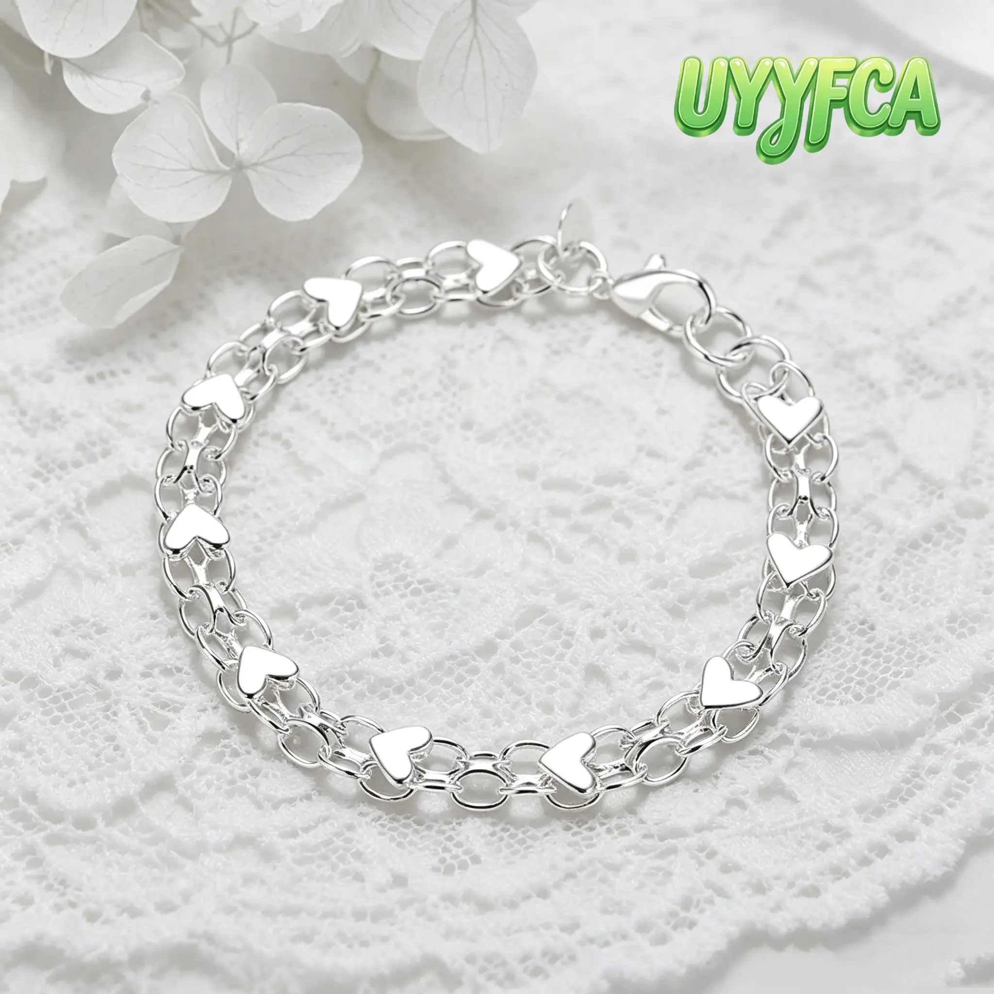 UYYFCA Women's 925 Sterling Silver Heart Charm Bracelet - Polished Interlocking Chain, Hypoallergenic, Adjustable, Versatile for Daily Wear, Gifting, Birthday, Wedding