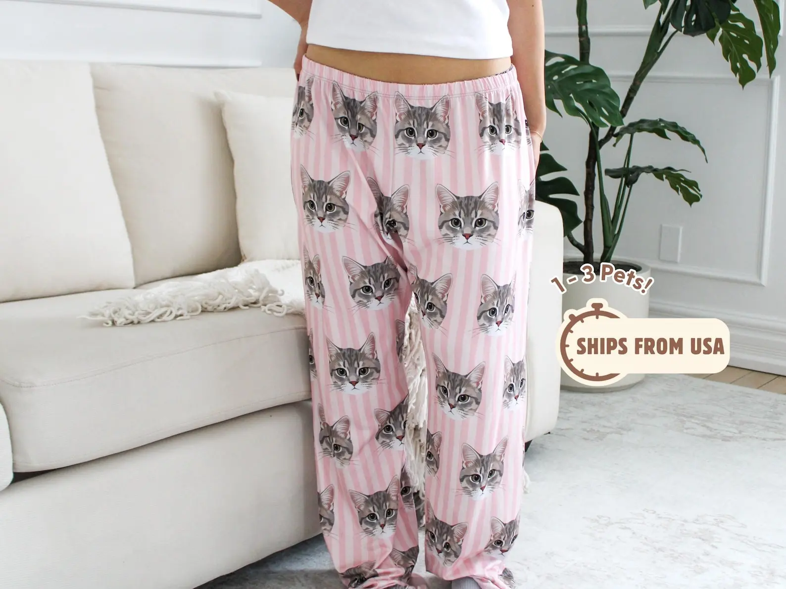 Custom Pet Face Pajama Pants Using Pet Photo + Name Personalized Dog Pajamas Custom Cat Pyjamas Pet Pjs Dog PJs for Women Vertical Stripe