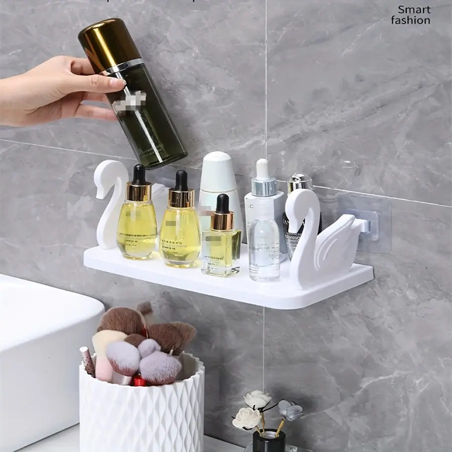 Small Swan Storage Rack, Bathroom Kitchen Organizer, Wall-Mounted Adhesive Shelf, Strong Household Hanging Rack, 1pc/2pcs/3pcs, Bathroom Organizers