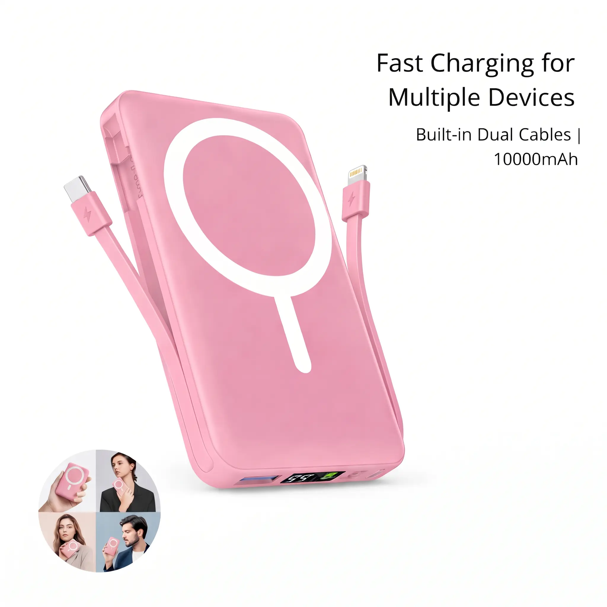 10000mAh Magnetic Power Bank/Build-in Cables/Fast Charging, High Capacity Power Bank with Double USB C/L Cables, 20W PD Fast Charging LED Display Wireless Portable Charger for iPhone 12-17 Series