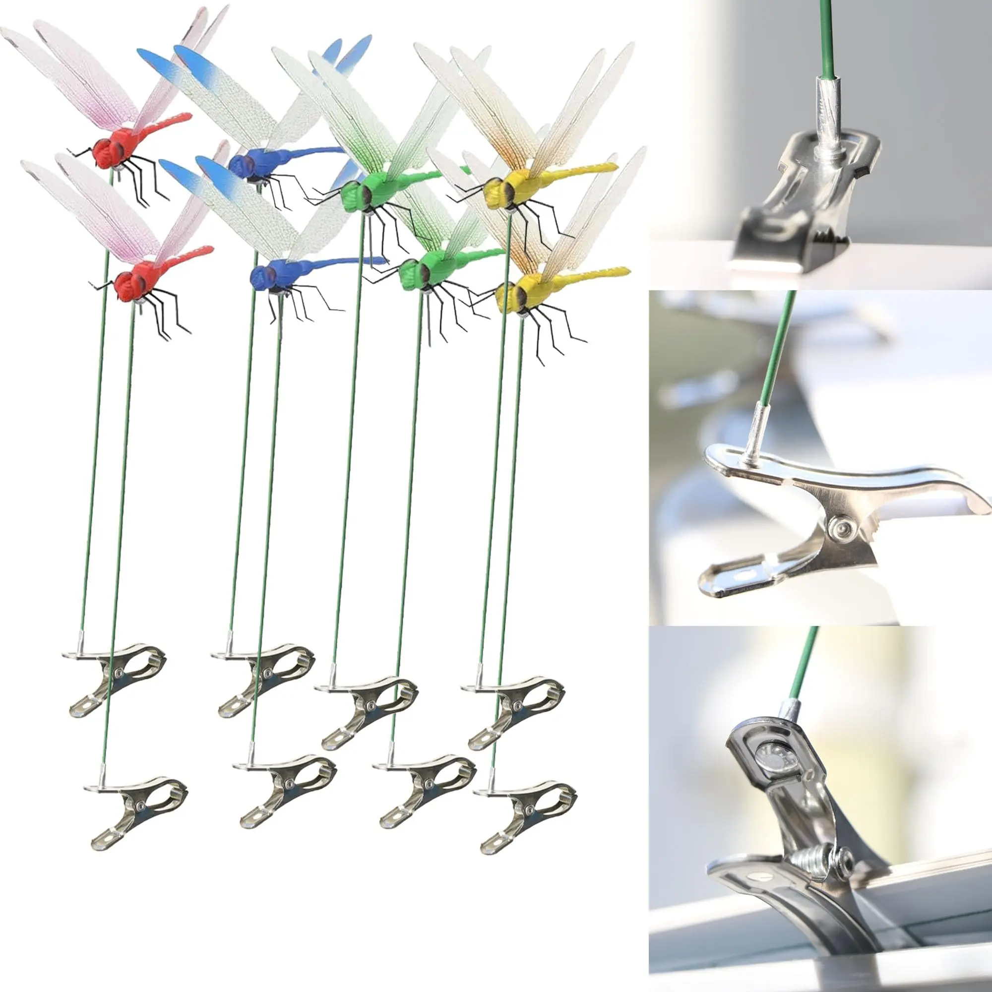 8 Pcs Dragon Fly Clips for Bugs Repellent,3D Dragonfly Hair Clip,Dragonfly Clip,Dragonflys Garden Stakes Decor,Waterproof Fly Scare Devices for Outdoor Gardens(8,4 Colors)