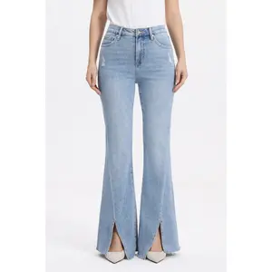Women's Basic High-Waist Light Wash Distressed Flare Jeans, Streetwear Pants with Front Slit Hem, Pockets, Minimalist Light Blue Denim Clothes