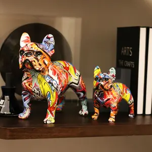 Creativity Art Modern Colorful Pet French Bulldog Statue Wholesale Graffiti Office Ornaments Printing Resin Dog Home Decor Crafts