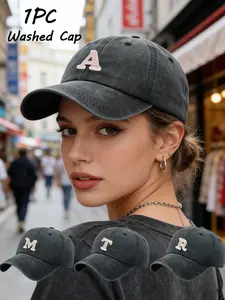 1PC Street Style Letter Washed Look Baseball Cap, Casual Fitted Design, All-Season Wear, Perfect for Outdoor Activities, Hiking, Shopping, Sports