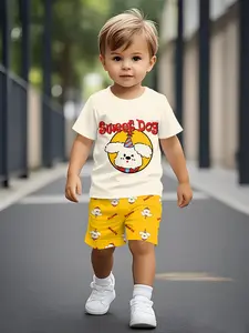 Yellow and white digital printed short-sleeve outfit with party puppy pattern for infants and toddlers, casual kids' clothing for babies. The T-shirt is made of 100% polyester, suitable for daily wear and outdoor activities, and is a perfect gift for infa
