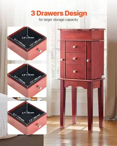 Jewelry Cabinet Armoire Standing Jewelry Storage Chest with 3 Drawers & Mirror