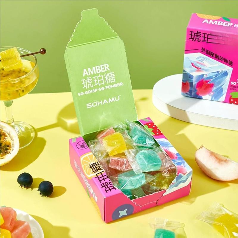 Gem Crystal Amber Candy - Multifruit Flavors, Stunning Appearance, Irresistible Crispy-Chewy Texture (32G)