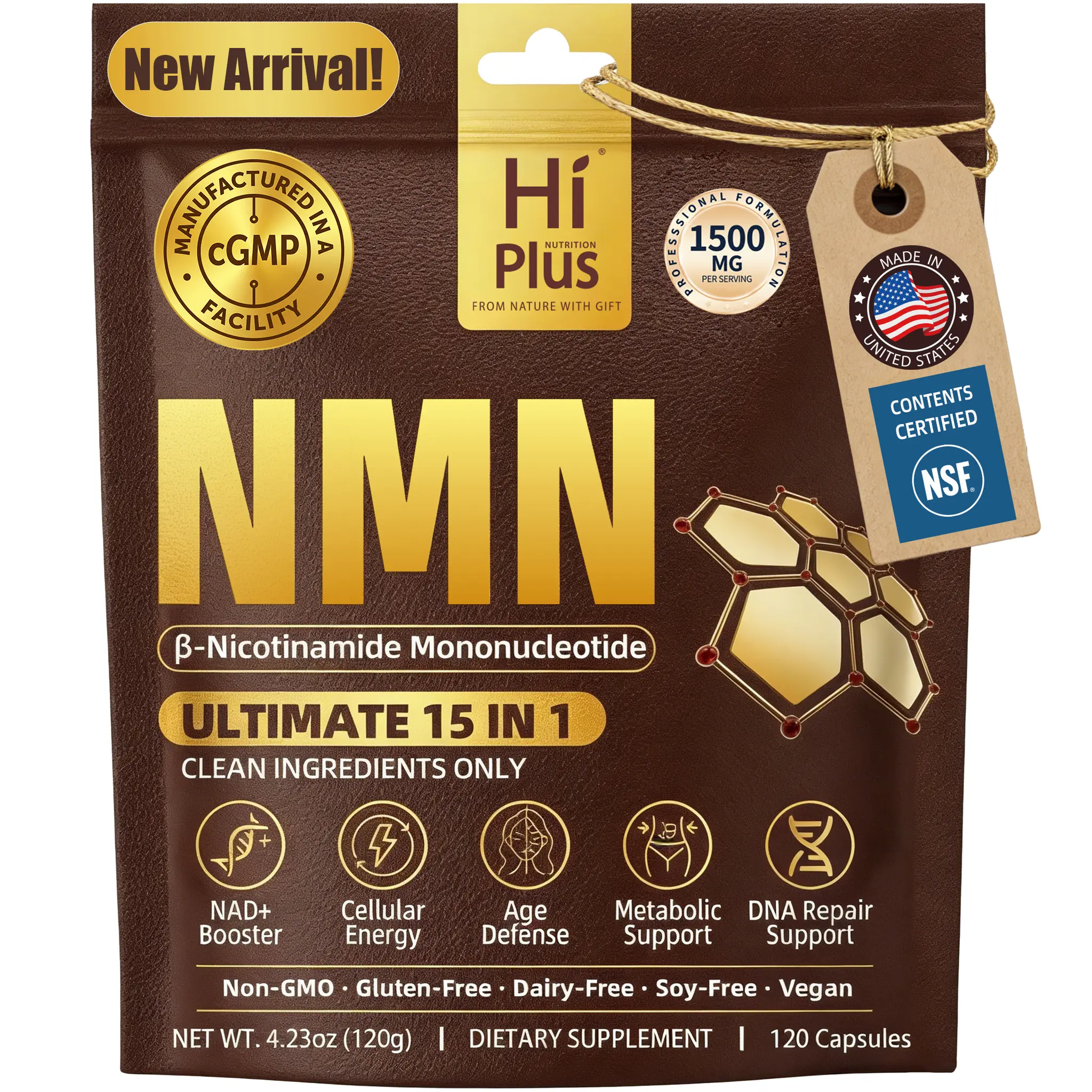 HiPlus NMN Complex 1,500mg Per Serving, 15-1 Complex,NMN 500mg with Vitamin C, TMG, CoQ10, Resveratrol, Quercetin, & Glutathione | Supports Cellular Energy & NAD+ Levels - Vitamin Dietary Supplement Healthcare
