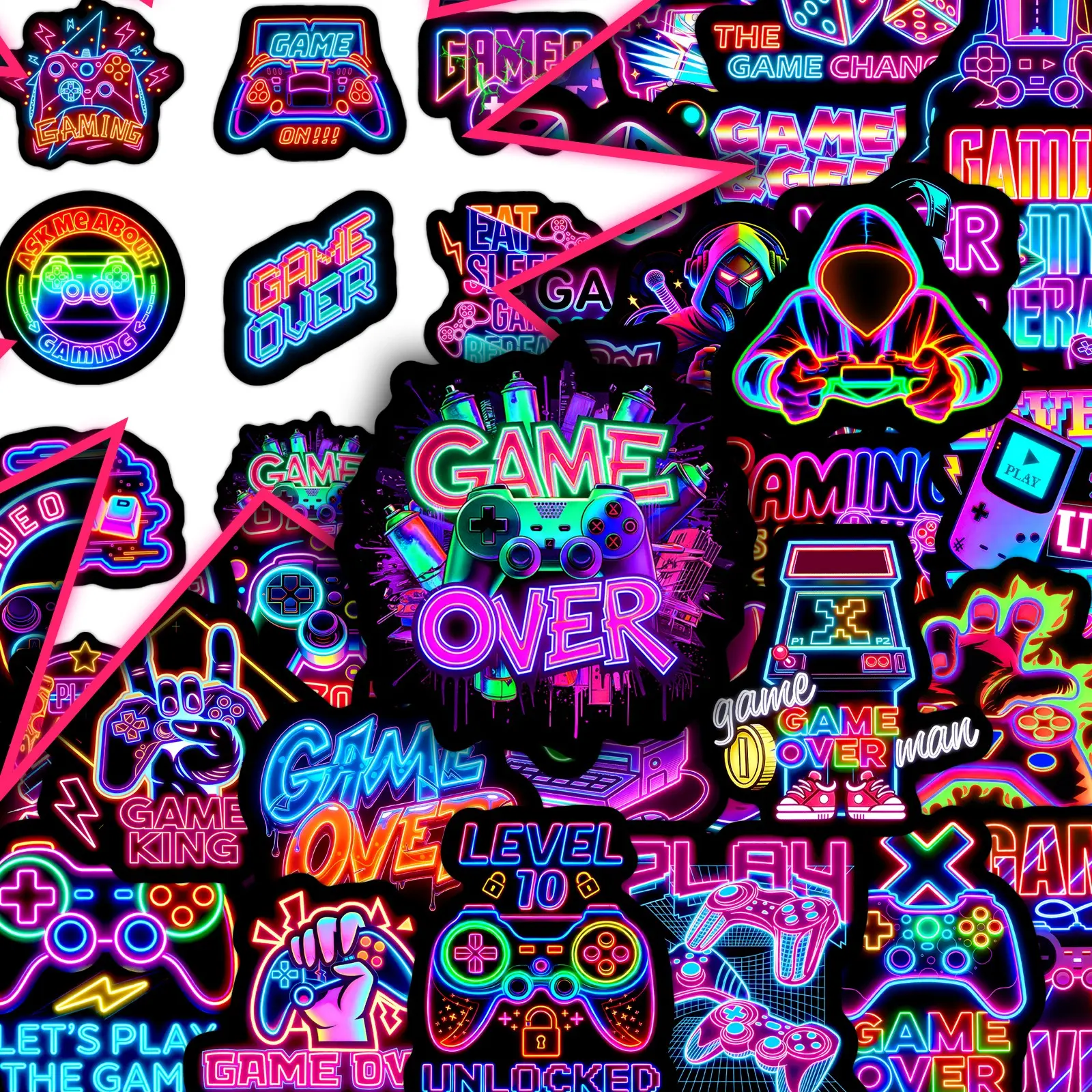100 Sheets, Two Sets of Repeat Neon Game Cyberpunk Cool Design Stickers for Controller, Scrapbook, and Game Console Decoration