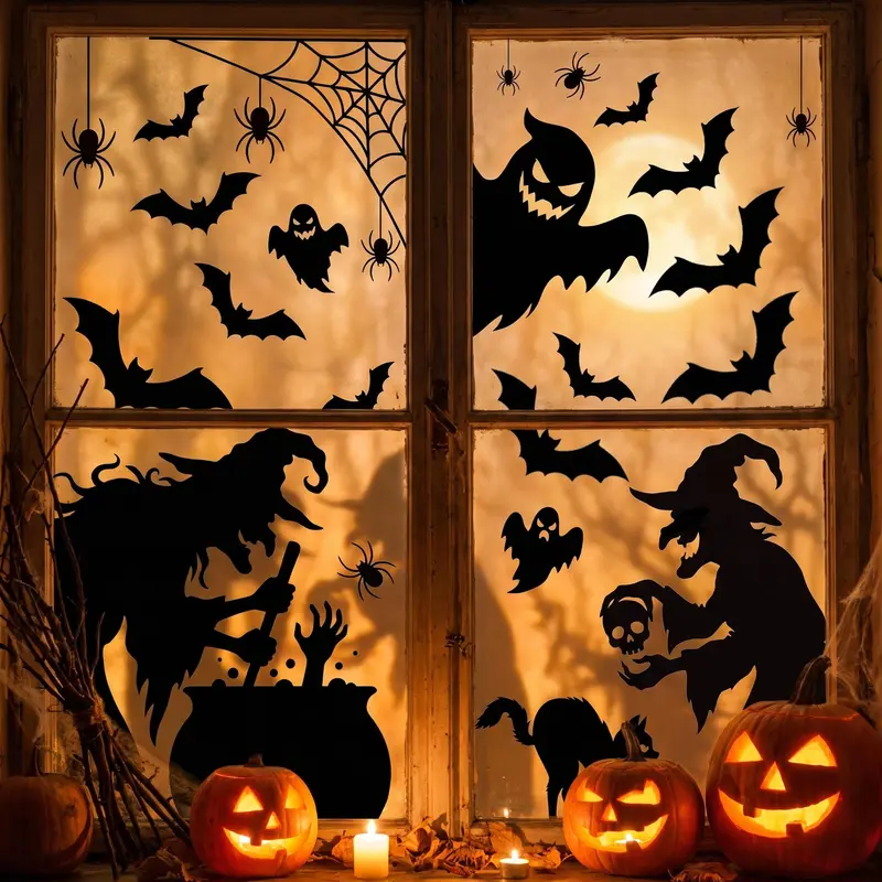 4 Sheets Halloween Window Clings Decorations, Spooky Scary Witch Silhouette Window Stickers Decals, Halloween Window Silhouettes Decor For Glass Windows, Indoor Outdoor Halloween Window Decor Supplies, Party Favor For Home Door Wall Stickers