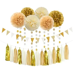 White  Champagne Party Decorations - 23 count Tissue Pom Poms Streamers,Christmas Wedding Engagement Tassel Garland Banner,Bachelorette Neutral Birthday  Bridal Shower Decor
