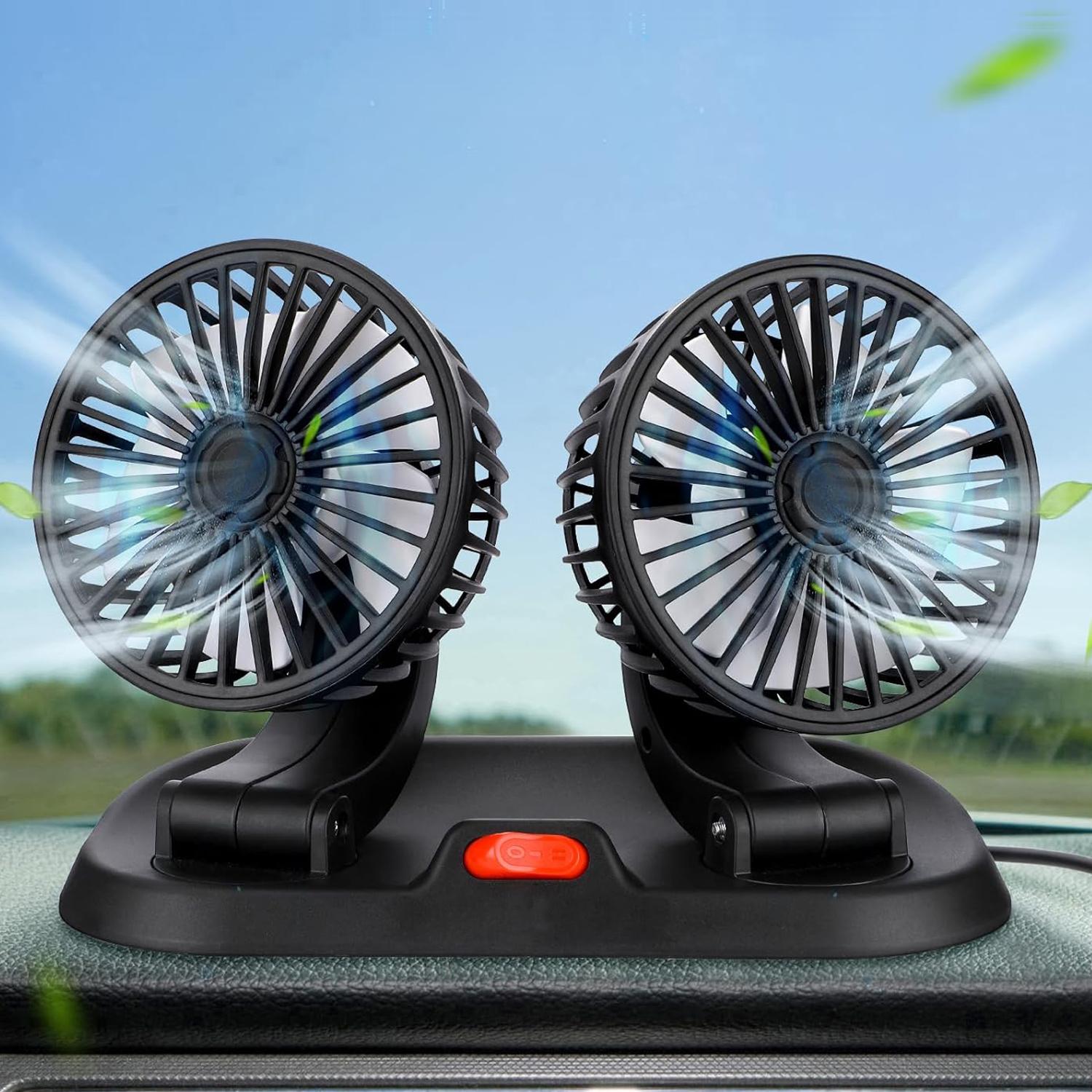 Dual Head Car Fan USB Powered, 360° Adjustable Strong Wind Cooling Fan, Quiet Portable Dashboard Fan for Car Truck SUV RV, Summer Auto Air Circulator for Front/Rear Seat