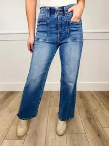 Saige Sutton Tummy Control High-Rise Double Button Straight Leg Medium Wash Avery Mae Blue Jeans