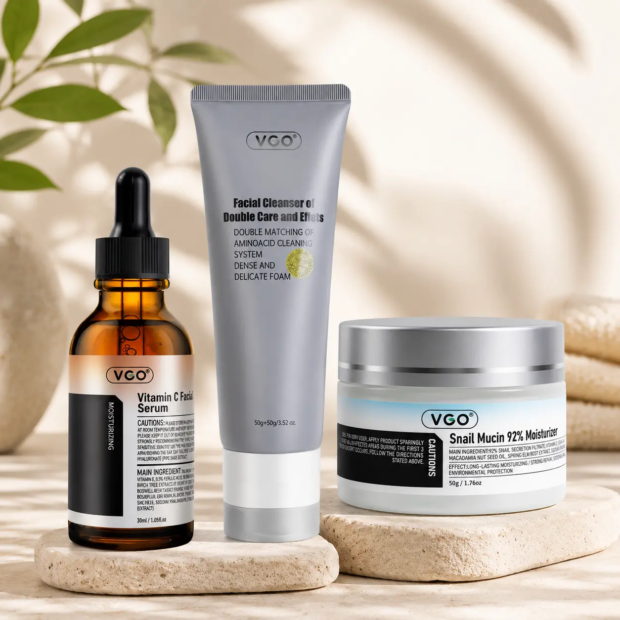 VGO Daily Moisture Trio Skincare Set with Gentle Foam Cleanser, Vitamin C Serum & Lightweight Moisturizer for Normal, Dry & Combination Skin, Smooth, Hydrate, Cleansing, Evening, Daily Care, All Skin Types, Moisturizing, Facial, Hydration Boost, Smooth Sk