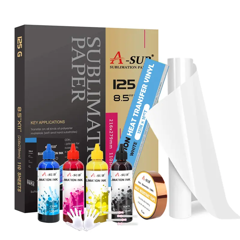 A-SUB Sublimation Bundle: A-SUB Ink (4x120ml) + Sublimation Paper (110 Sheets) + HTV (12x10ft) + Tape"