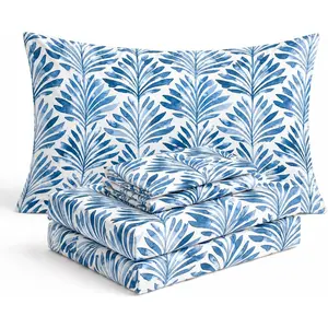 Blue Indigo Palms Floral King Size Bedsheet, Super Soft Wrinkle Resistant Tropical Leaves Pattern Bedding Set, Vibrant Solid Print All-Season Bed Sheets for Girls Teens