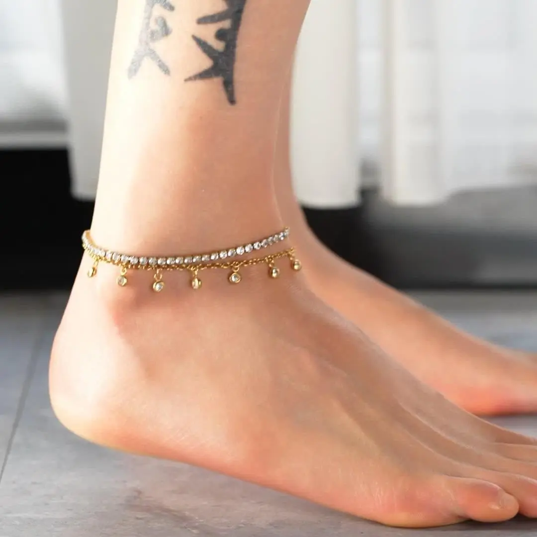 Oufer 2pcs 18K Gold Plated CZ Charms Stainless Steel Non Tarnish Anklet Chain Body Jewelry Summer Jewelry Chain Length 21cm+5cm, Anklets For Women