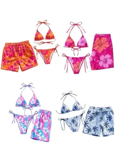 Matching Couple Swimwear Set, Tropical Hibiscus Bikini and Trunks, Summer Beach Outfit, Gift for His and Her