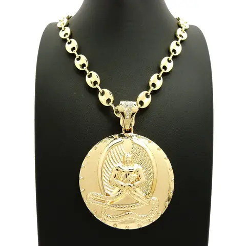 MaxBling81 Gold-Plated Oversized Hip Hop Medal Medallion Pendant Necklace - 7mm Chunky Mariner Link Chain, 20in/24in/30in Sizes, Unisex Gold Chunky Jewelry, Men's Daily Byzantine Statement Piece