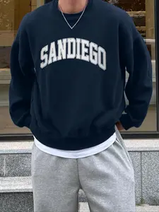 Men's Letter Print Drop Shoulder Sweatshirt, Regular Fit Casual Soft Comfy Long Sleeve Round Neck Pullover for Fall & Winter, Men's Clothes for Daily Wear