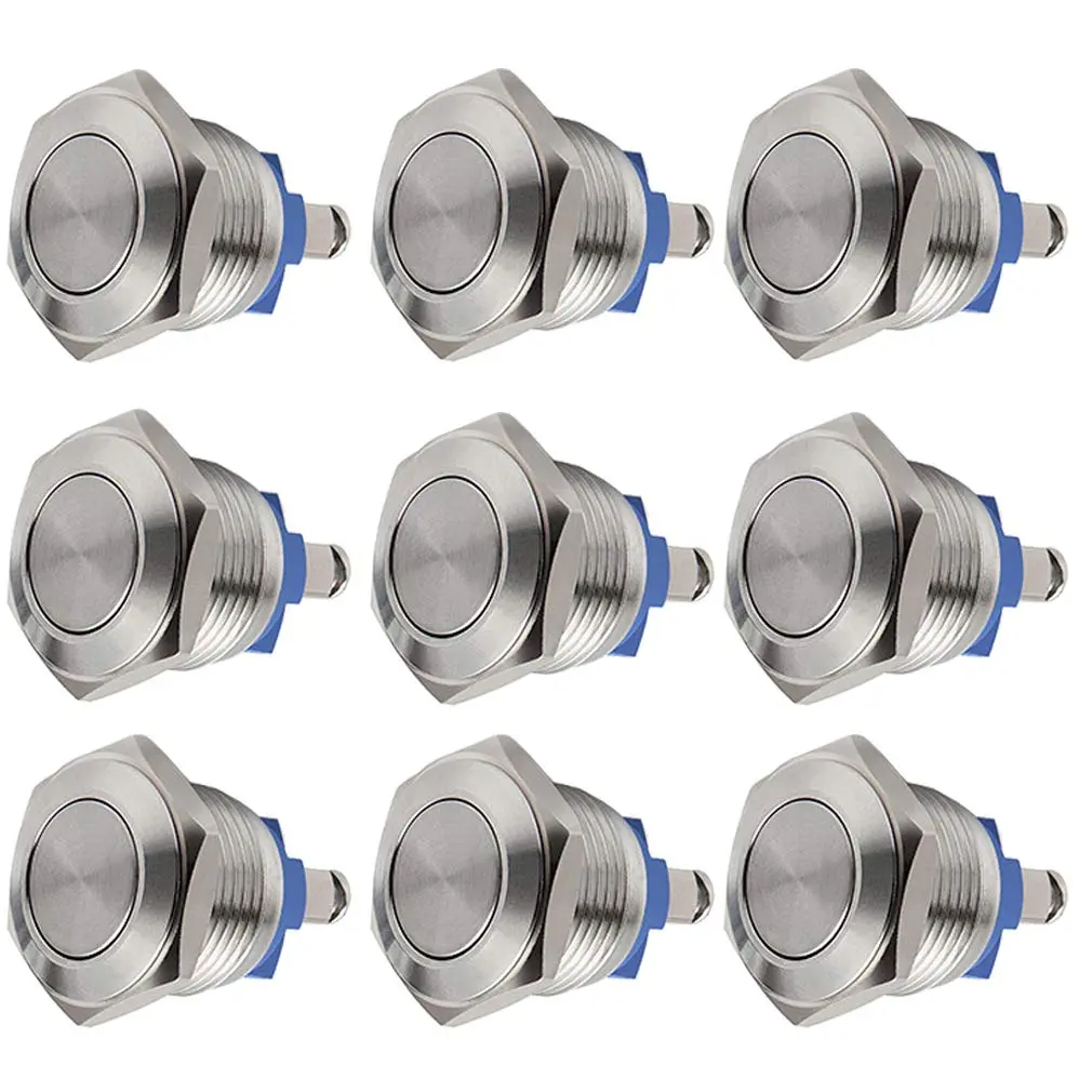 9-Pack 16mm Stainless Steel Momentary Push Buttons - 1NO SPST, 3A 250Vac, 24V/36Vdc - for DIY Projects, Home Improvement, Automotive, Boat, Circuit Electrical Applications