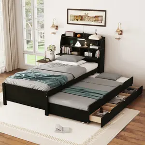 Twin Size Bed Frame with Trundle and LED Storage Headboard, Wooden Twin Platform Bed with USB Outlets and 3 Drawers, Twin Captain Bed, Twin Storage Bed for Bedroom, No Box Spring Needed, Espresso