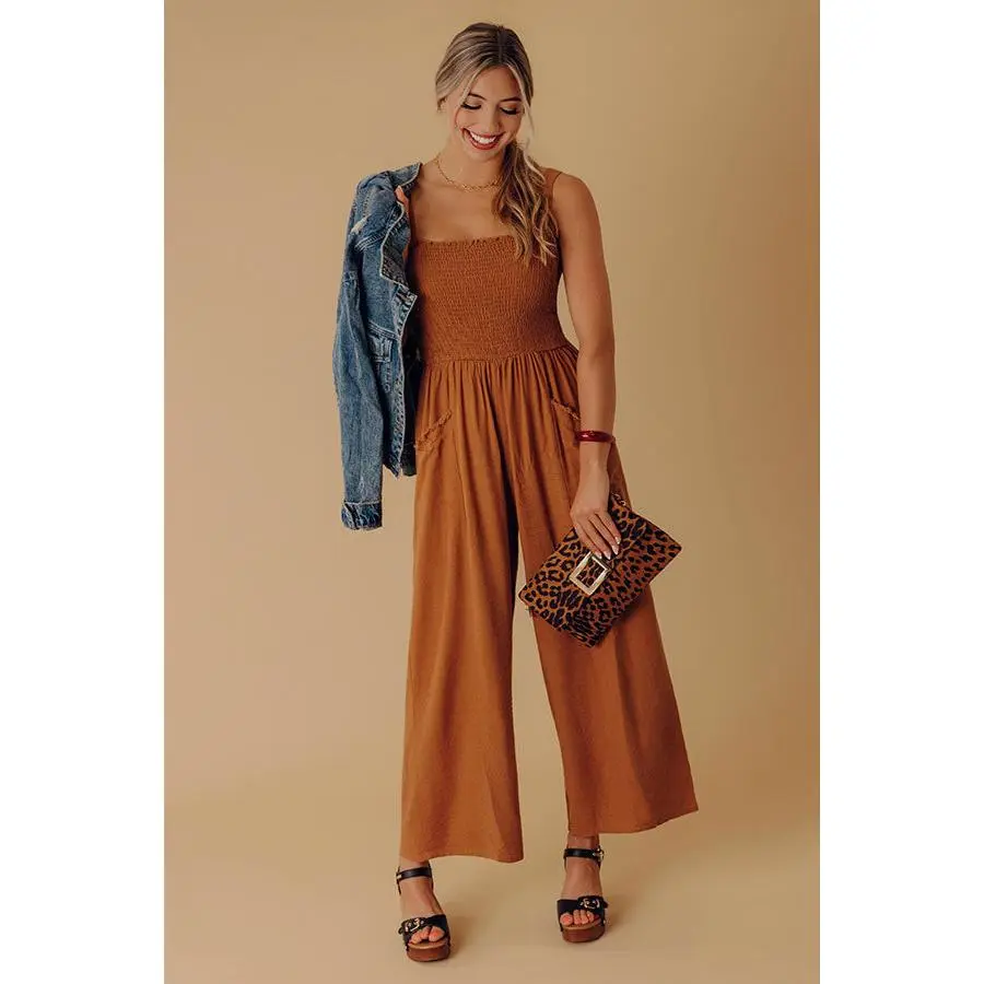 Gather The Courage Smocked Jumpsuit In Chocolate