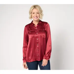 Joan Rivers Satin Button-Front Shirt with Chest Pockets