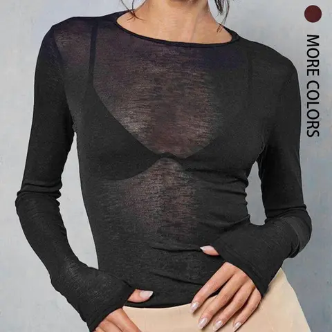 Women's Knitted Elastic Semi-Transparent Tee, Long Sleeve Round Neck Slim Fit T-Shirt for All Seasons, Daily Casual Top for Commute