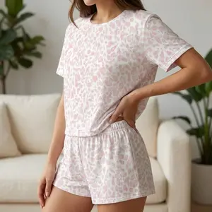 Women's Pink Leopard Print Pajama Set, Soft Short Sleeve Top & Elastic Waist Pants, Cute Animal Pattern Sleepwear for Ladies, Comfy Loungewear Two-Piece Set