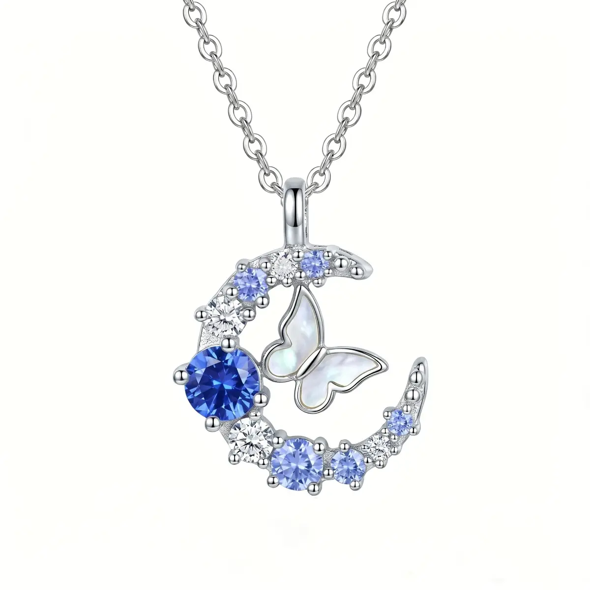 Women's Minimalist Celestial Moon Butterfly Charm Necklace - Non-Tarnish Aluminum Crescent, Blue Zirconia, Vibrant Inlaid Crystals, Casual Daily Choker, Jewelry for Women, Cute Necklaces, Artificial Butterfly Element (BUY 1 GET 3, Romantic Gifts for Her)
