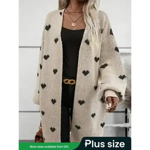Plus Size Heart Pattern Knit Cardigan, Casual Colorblock Sweater Jacket, Long Sleeve Drop Shoulder Design, Fall & Winter Fashion, Women’s Clothing