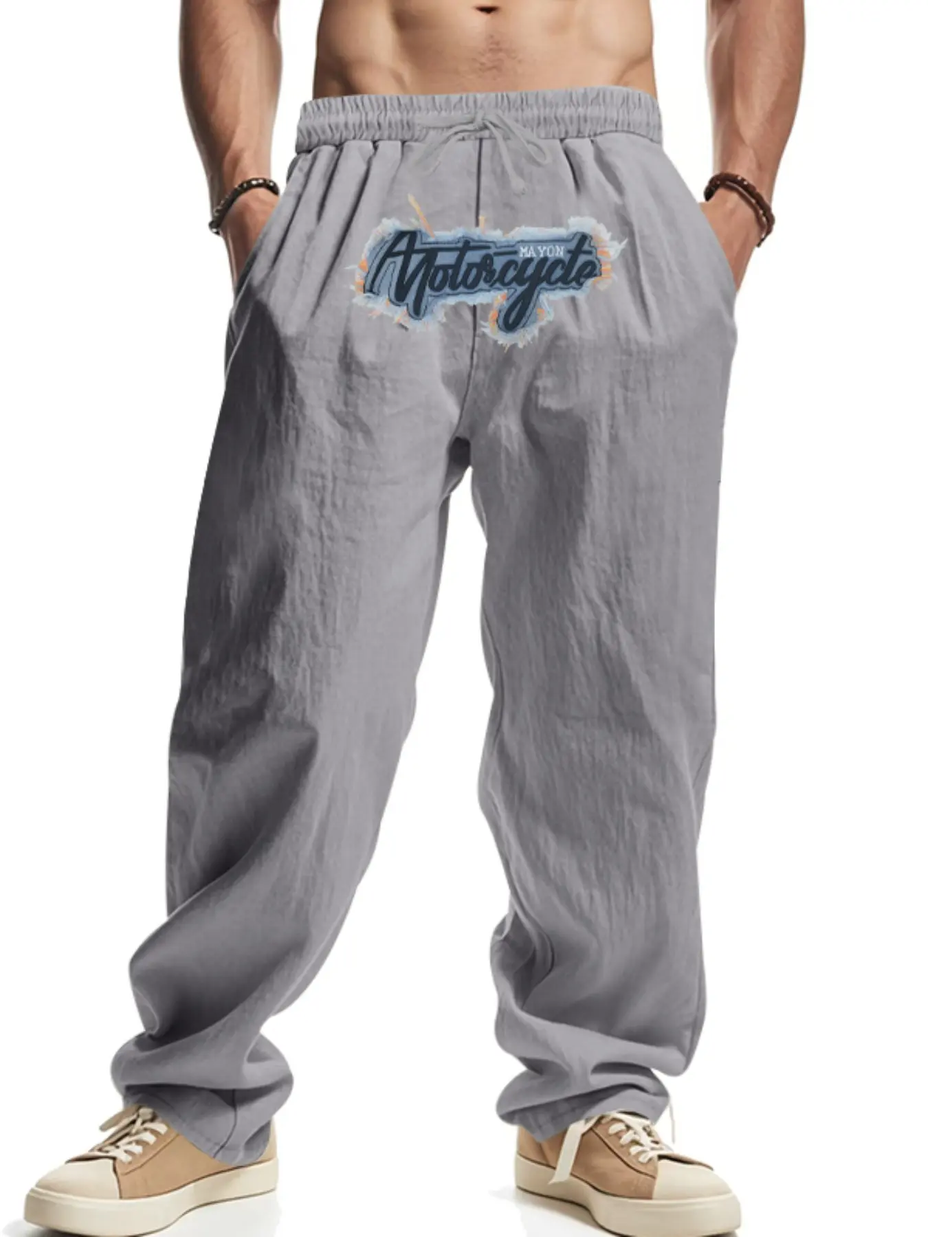 Men's Linen Loose Fit Wide Leg Jogger Pants, Casual High Street Trendy Washed Embroidered Running Leisure Sports Long Trousers